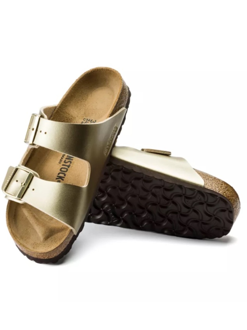 Birkenstock Arizona Sandal in Metallic Gold and Black Sole